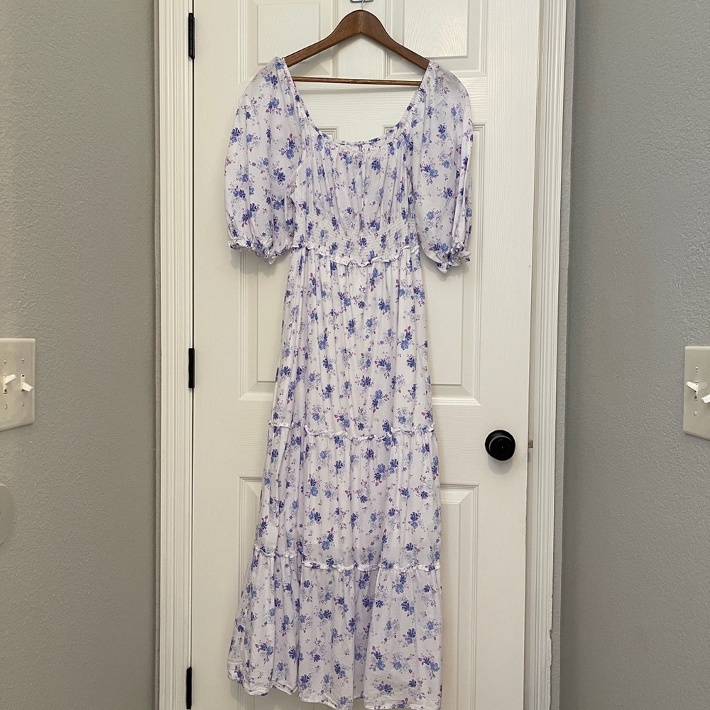 LoveShackFancy White, Blue and Purple Floral Maxi Dress